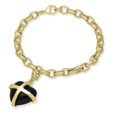 18ct Yellow Gold Whitby Jet Large Cross Heart Charm Bracelet - Option1 Value Gold