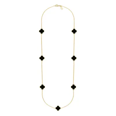 18ct Yellow Gold Whitby Jet Bloom Four Leaf Clover Ball Edge Long Necklace