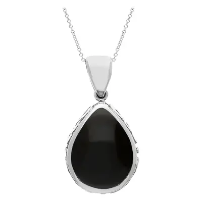 9ct White Gold Whitby Jet Blue John Double Sided Celtic Pear Cut Fob Necklace - White Gold