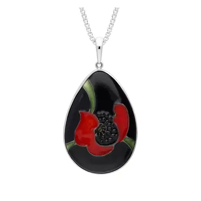 Sterling Silver Moorcroft Scarlet Poppy Pear Shaped Pendant - Silver