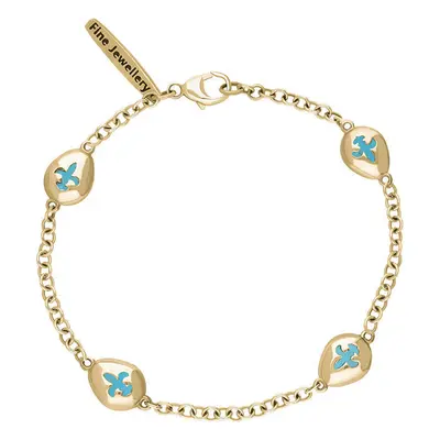 18ct Yellow Gold Turquoise Oval Fleur De Lis Detail Four Stone Bracelet - Yellow Gold