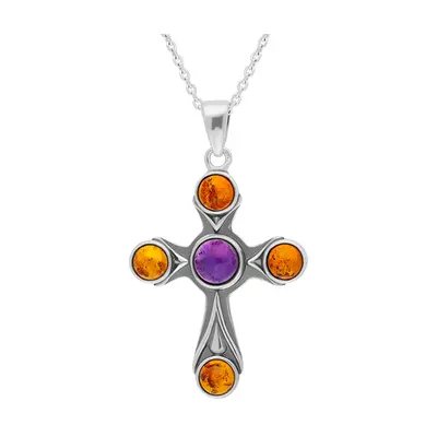 Sterling Silver Amber Amethyst Gothic Stone Set Cross Necklace D