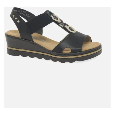 Rieker Women's Medal Womens Wedge Heel Sandals - Black Lt Gold - Size: 3.5