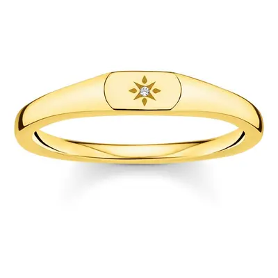 Thomas Sabo Charm Club Sterling Silver Yellow Gold Plated CZ Star Engraved Ring