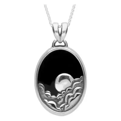 Sterling Silver Whitby Jet Gothic Oval Moon and Cloud Necklace