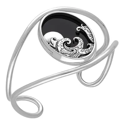 Sterling Silver Whitby Jet Gothic Moon and Wave Cuff Bangle