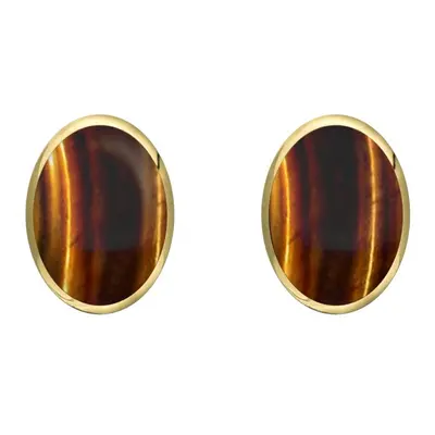 9ct Yellow Gold Tigers Eye 8 x 10mm Classic Large Oval Stud Earrings