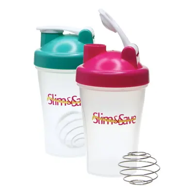 Slim & Save 2 x Shaker Cup Fitness Protein Shake Beater 400ml with Mixing Ball Whisk - Pink & Gr