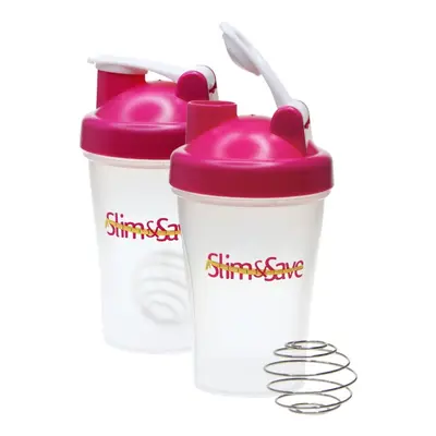 Slim & Save 2 x Shaker Cup Fitness Protein Shake Beater 400ml with Mixing Ball Whisk - Pink