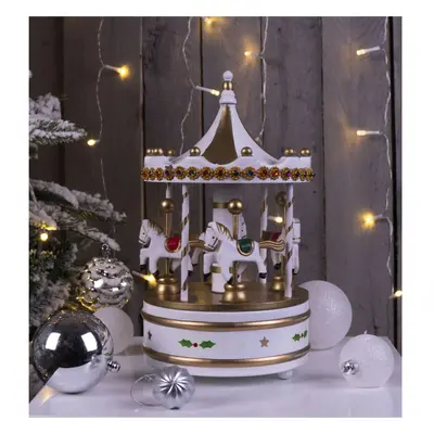 Christmas Wooden Mechanical Carousel Music Box Wind Up Ornament - White & Gold