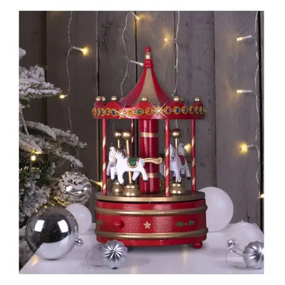 Christmas Wooden Mechanical Carousel Music Box Wind Up Ornament - Red & Gold