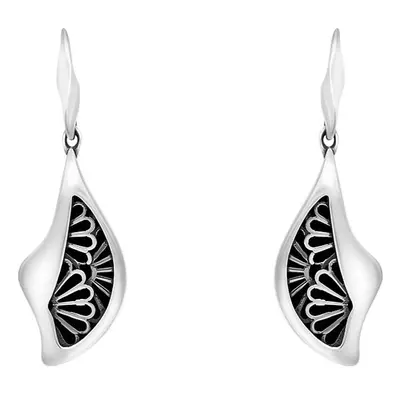 Sterling Silver Whitby Jet Gothic Filigree Fan Drop Earrings - Silver