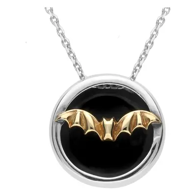 Sterling Silver 9ct Yellow Gold Whitby Jet Round Gothic Bat Necklace - Yellow Gold