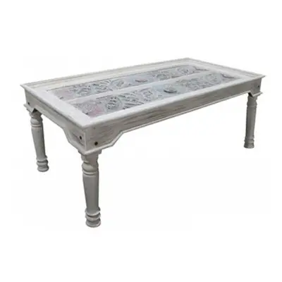 Rewa Hand Painted Carved Glass Top Dining Table, 200cm Seats 8 Diners Rectangular Top