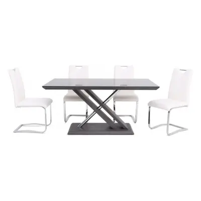 Xavi Grey Glass Top Dining Set with 4 Gabi White Chairs