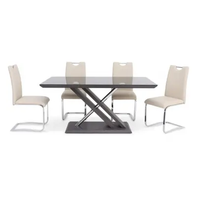 Xavi Grey Glass Top Dining Set with 4 Gabi Cream Chairs