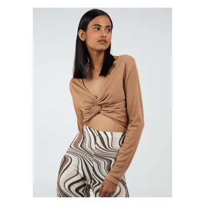 Knot Front Long Sleeve Ribbed Top - Camel