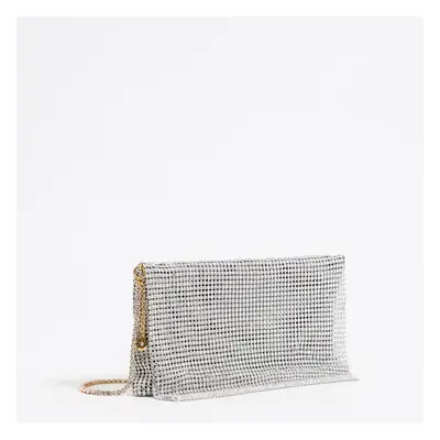 Silver metallic mesh crystals bag