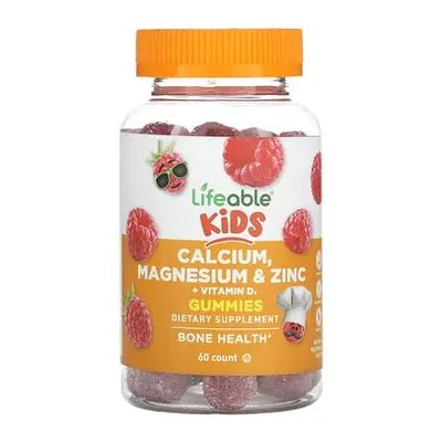 Lifeable  Kids Calcium  Magnesium & Zinc + Vitamin D3 Gummies  Natural Raspberry  60 Gummies