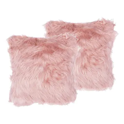 Set Of 2 Decorative Cushions Pink Faux Fur Shaggy 42 X 42 Cm One Sided