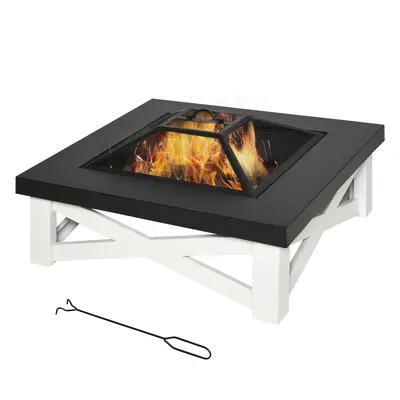 Outsunny Metal Large Firepit Outdoor 3 In 1 Square Fire Pit Brazier W/ Bbq Grill, Lid, Log Grate