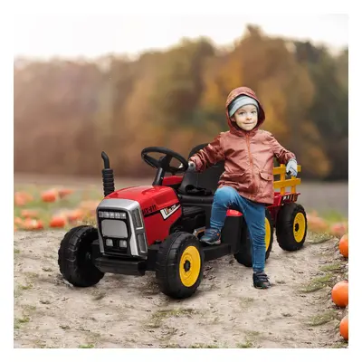 Homcom Electric Ride On Tractor With Detachable Trailer, 12v Kids Battery Powered Electric Car W