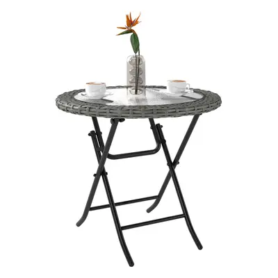 Outsunny Folding Round Tempered Glass Garden Table With Grey Rattan Edging