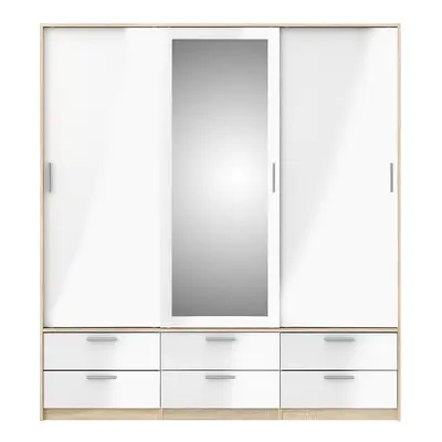 Line Wardrobe - 3 Doors 6 Drawers - Oak & White High Gloss
