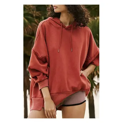 Red Clay Drop Shoulder Pocketed Baggy Drawstring Hoodie - RED CLAY / M / 50%POLYESTER+50%COTTON