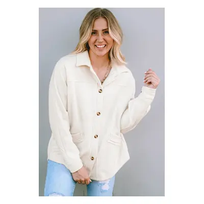 Beige Button-Up Stitching Pocket Raw Hem Shacket - BEIGE / M / 100%POLYESTER