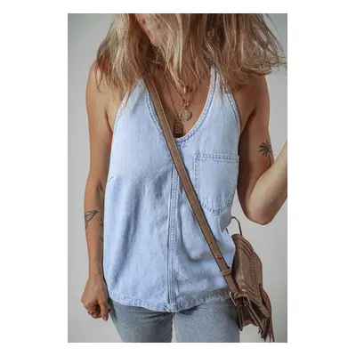 Beau Blue Knotted Open Back Halterneck Denim Tank Top - Beau Blue / M / 75%Cotton+25%Polyester
