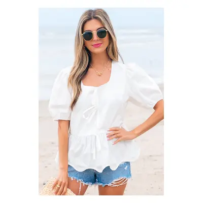 White Bow Knot Decor Square Neck Puff Sleeve Peplum Top - White / S / 100%Cotton