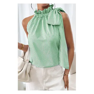 Striped Frill Neck Tie Knot Sleeveless Top - Green / S