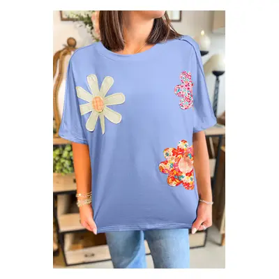 Flower Patched Exposed Stitching Trim Crew Neck Loose Tee - Sky Blue / XL