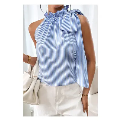 Striped Frill Neck Tie Knot Sleeveless Top - Sky Blue / S