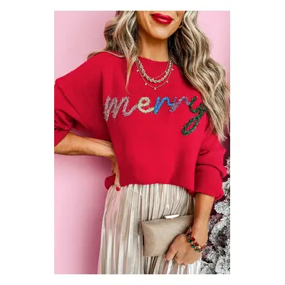 Fiery Red Tinsel Merry Letter Drop Shoulder Baggy Sweater - Fiery Red / 2XL / 52%Viscose+26%Poly