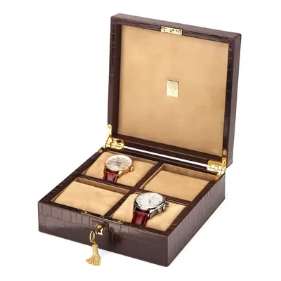 Aspinal of London Harrison Four Piece Watch Box in Deep Shine Amazon Brown Croc & Stone Suede