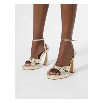 Trendsetter Cracked Gold Pu Knot Detail Flare Platform Heels
