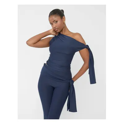 Knot Detail Asymmetric One Shoulder Luxe Slinky Top Navy