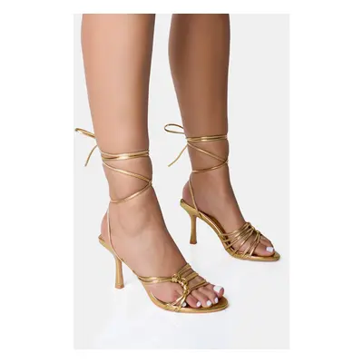 Oceania Gold Strappy Side Knot Lace Up Mid Heels