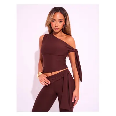 Knot Detail Asymmetric One Shoulder Luxe Slinky Top Chocolate