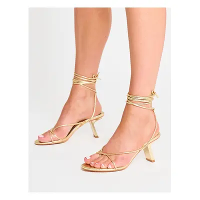 Birdie Gold Cracked Pu Lace Up Mid Heels