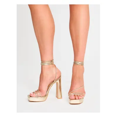 Eilish Gold Mirror Lace Up Strappy Platform Block High Heels