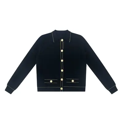 Women's Yellow / Black / Gold Gold Stitching Trim Collared Cardigan | Medium | Roch Perel