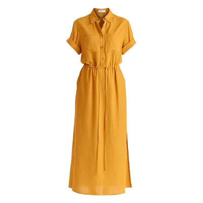Women's Linen Blend Shirt Dress With Stitch Details In Ochre Yellow | Extra Small | Paisie
