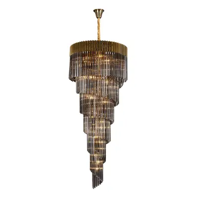 Poland Ceiling Pendant Round 7 Tier 31 Light E14, Brass, Smoke Sculpted Glass
